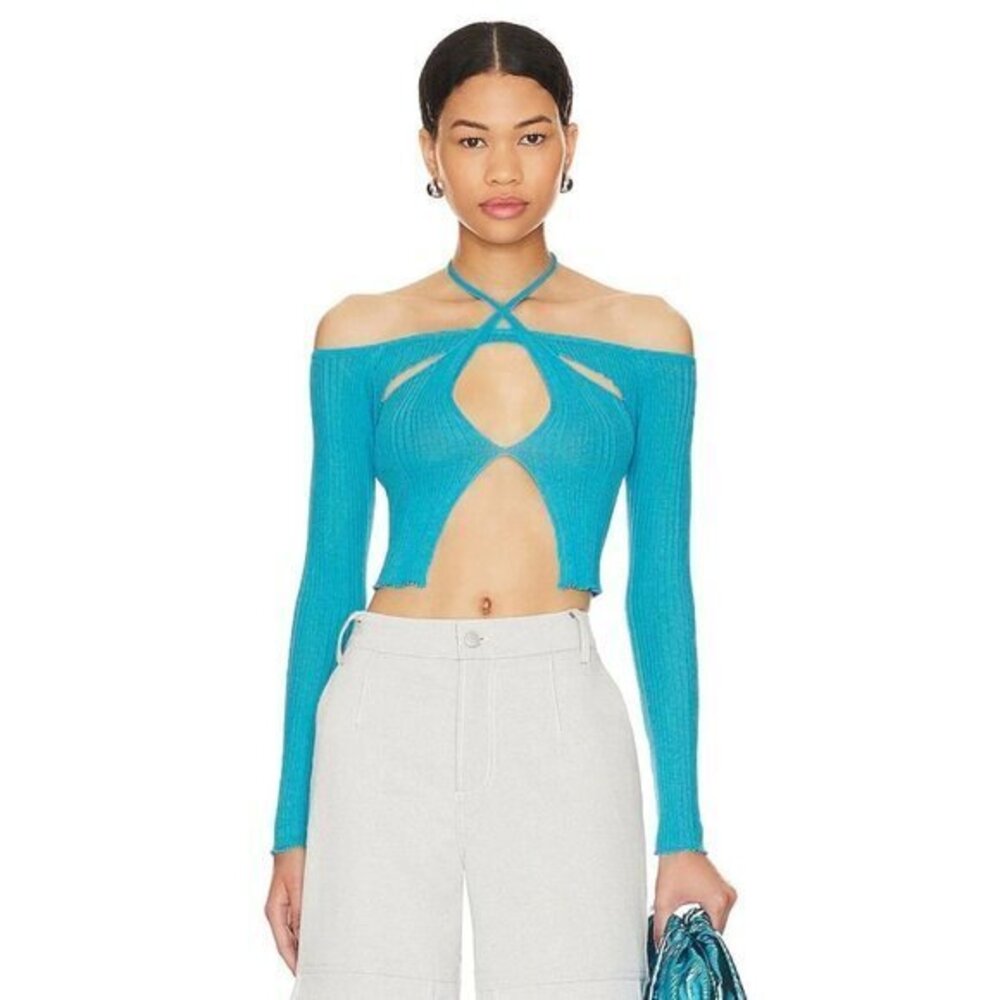 superdown Reina Cut Out Knit Top in Aqua Blue